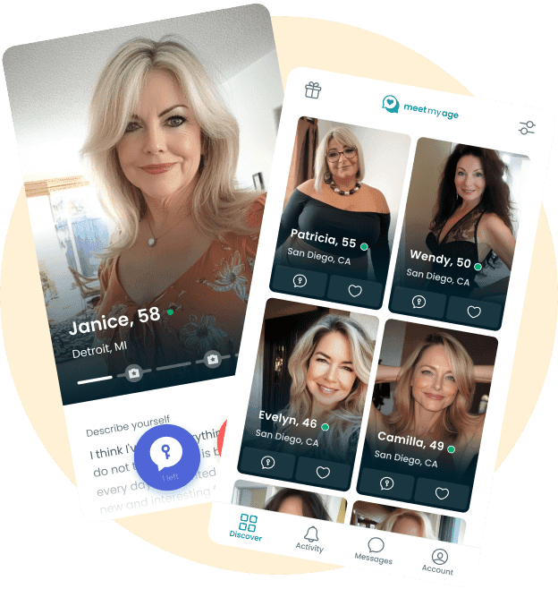 Woman profile on MeetMyAge app showing dating interface